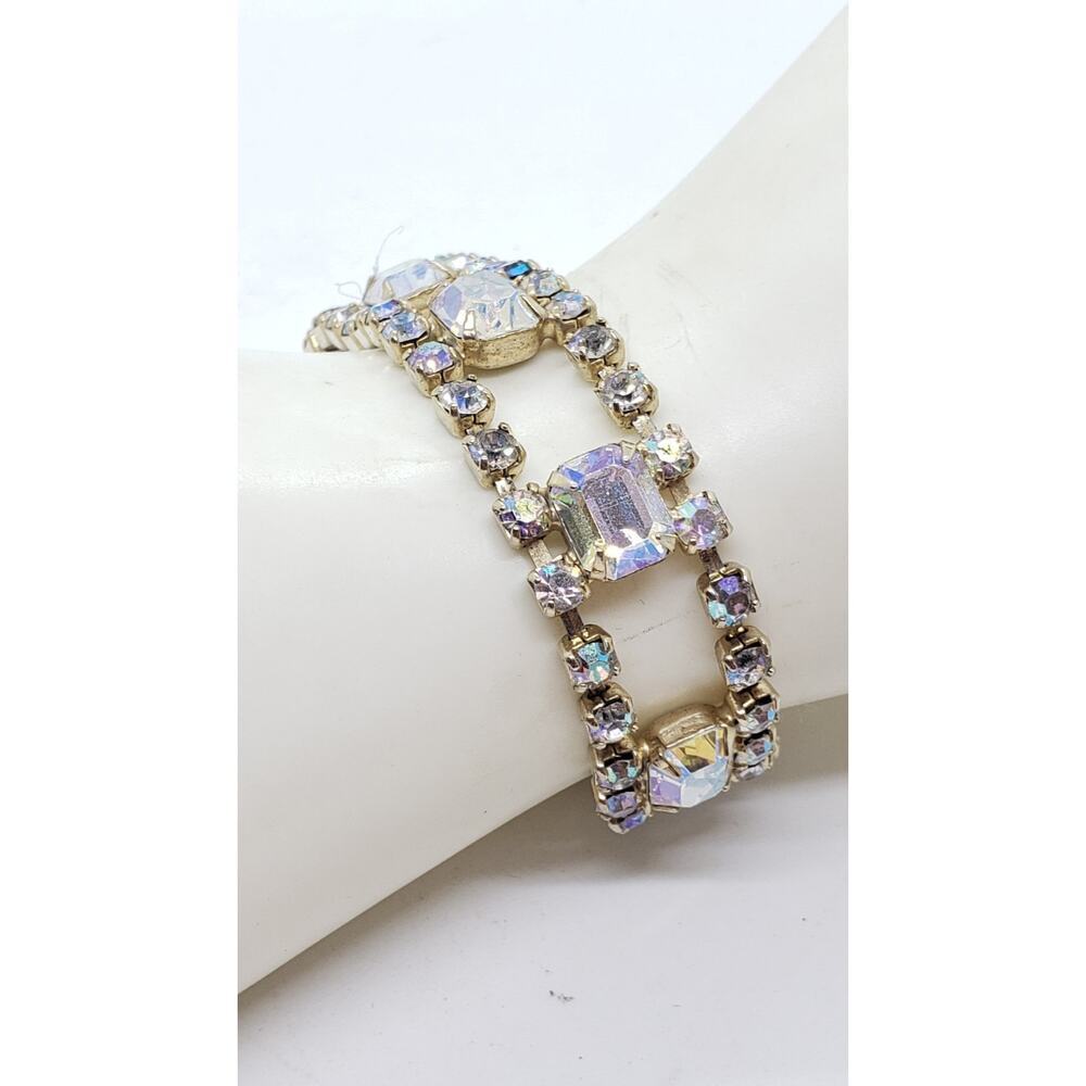 Vintage Bracelet 1960s AB Rhinestone Prisms Wide Stacking Layer Gold Toned